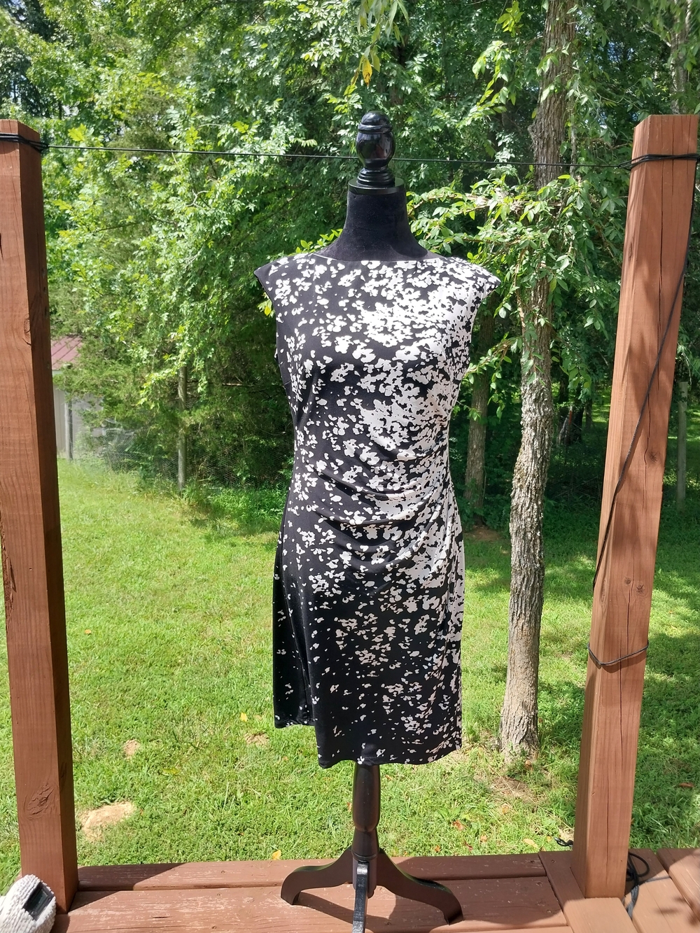 Lauren Ralph Lauren Black and White Floral-Print Draped Midi Dress